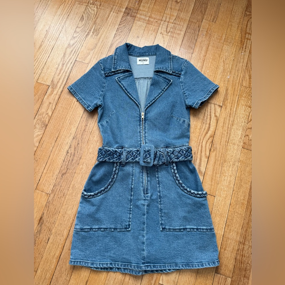 Mumu Denim Outlaw Zip-Front Belted Dress in Small Blue